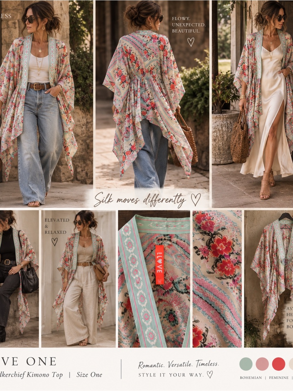Love One Silk Mint Floral Handkerchief Kimono